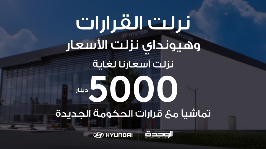 "هيونداي" أول شركة سيارات تستجيب للقرارات الحكومية وتخفيضات تاريخية وصلت ل 5 الاف دينار "هيونداي" أول شركة سيارات تستجيب للقرارات الحكومية وتخفيضات تاريخية وصلت ل 5 الاف دينار